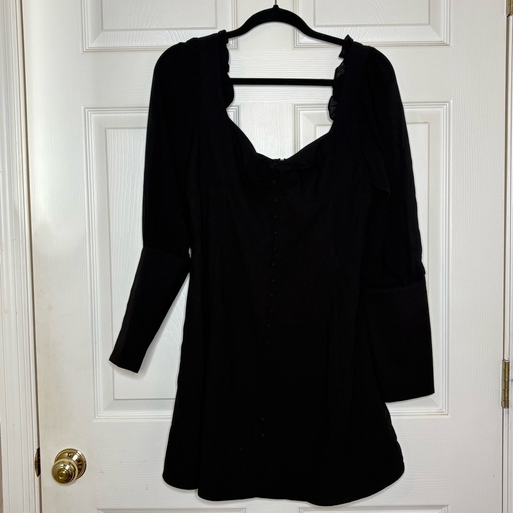 Women’s babydoll mini dress black puff sheer sleeves button accents club wear